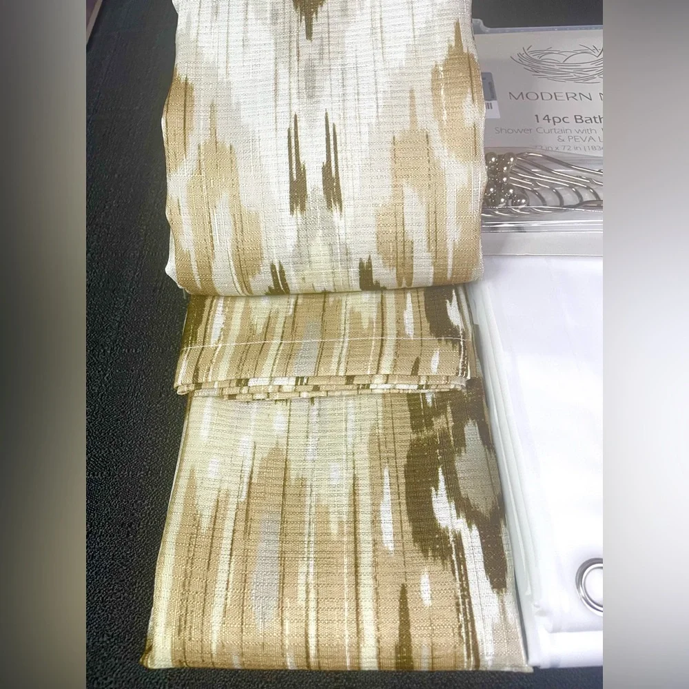 14-pc Shower Curtain Bath Set IKAT DROPS Tan Brown Liner Curtain Hooks NEW NWT